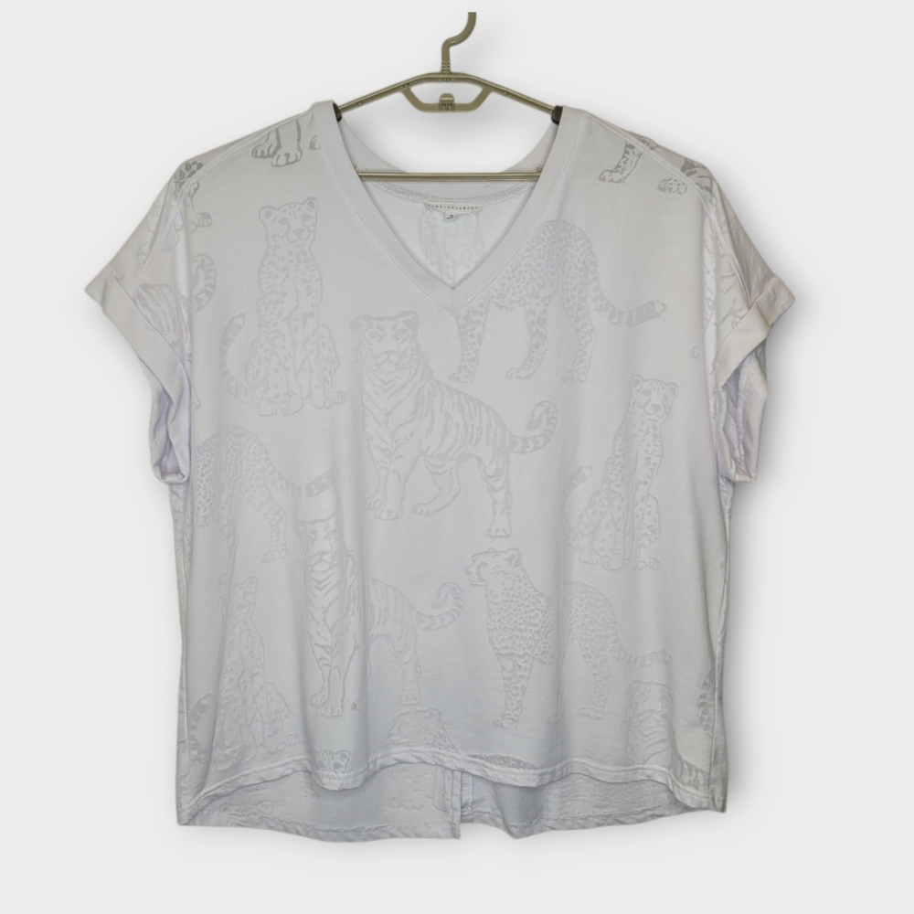 Jane Delancey Short Sleeve Tonal Vneck Tunic Tee 3X White Tiger Cheetah